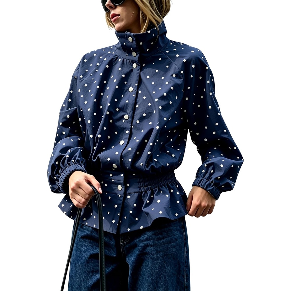 image:imageWomens Polka Dot Casual Funnel Neck Lightweight JacketsNavy