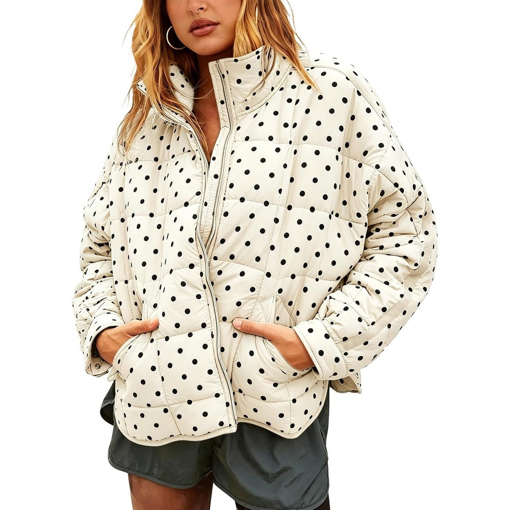 image:imageWomens Polka Dot Puffer Jacket Quilted Zip Up Winter Coat PocketsBeige