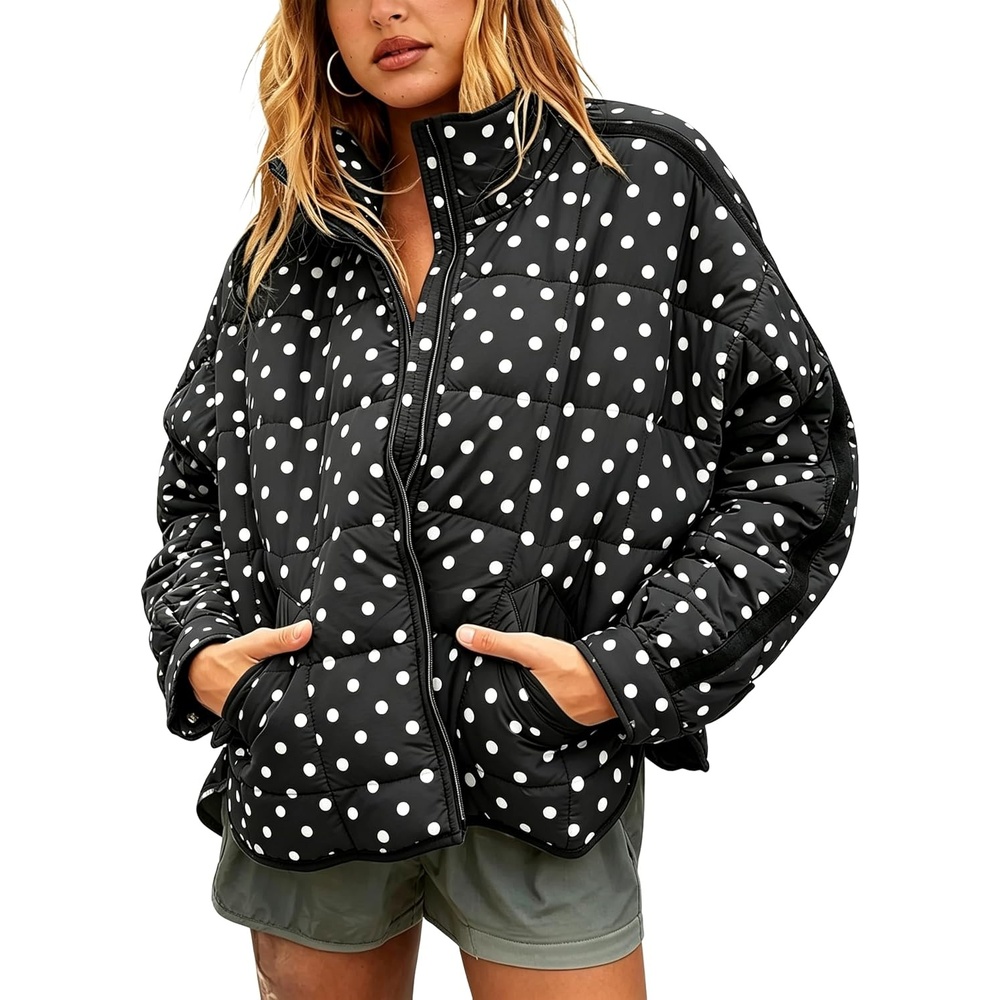 image:imageWomens Polka Dot Puffer Jacket Quilted Zip Up Winter Coat PocketsBlack