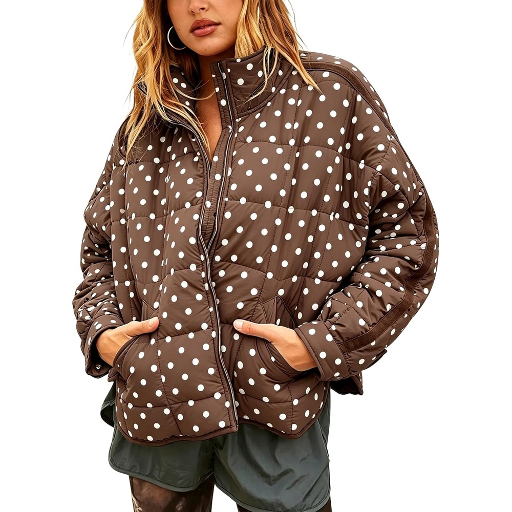 image:imageWomens Polka Dot Puffer Jacket Quilted Zip Up Winter Coat PocketsBrown