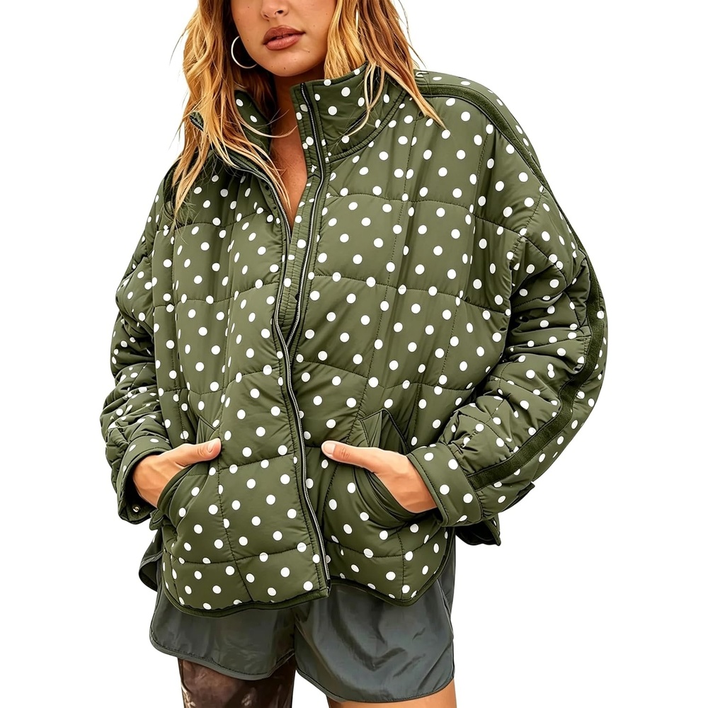 image:imageWomens Polka Dot Puffer Jacket Quilted Zip Up Winter Coat PocketsGreen
