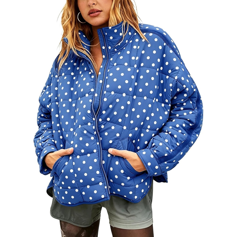image:imageWomens Polka Dot Puffer Jacket Quilted Zip Up Winter Coat PocketsKleinblue