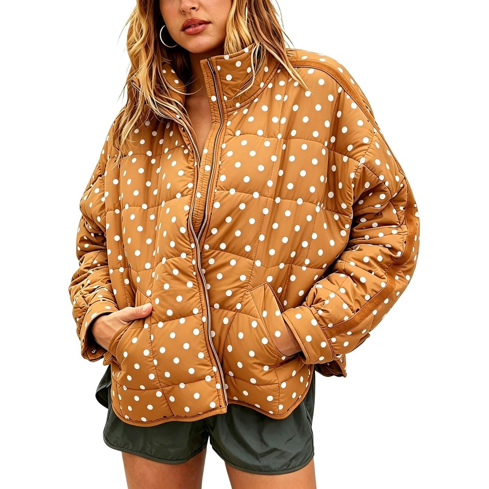 image:imageWomens Polka Dot Puffer Jacket Quilted Zip Up Winter Coat PocketsOrange