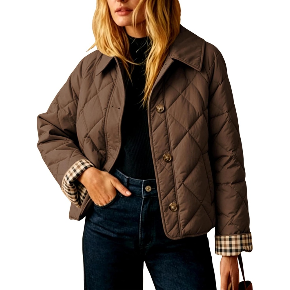 image:imageWomens Puffer Jacket Quilted Lightweight Plaid Lining Padded CoatBrown