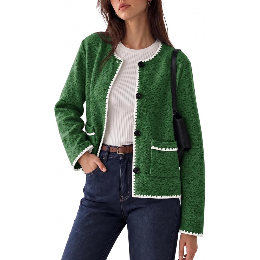image:imageWomens Tweed Jacket Button Down Contrast Trim Cropped CardiganGreen