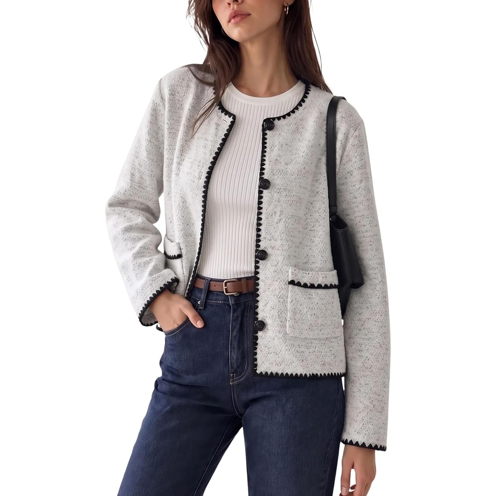 image:imageWomens Tweed Jacket Button Down Contrast Trim Cropped CardiganLightgrey