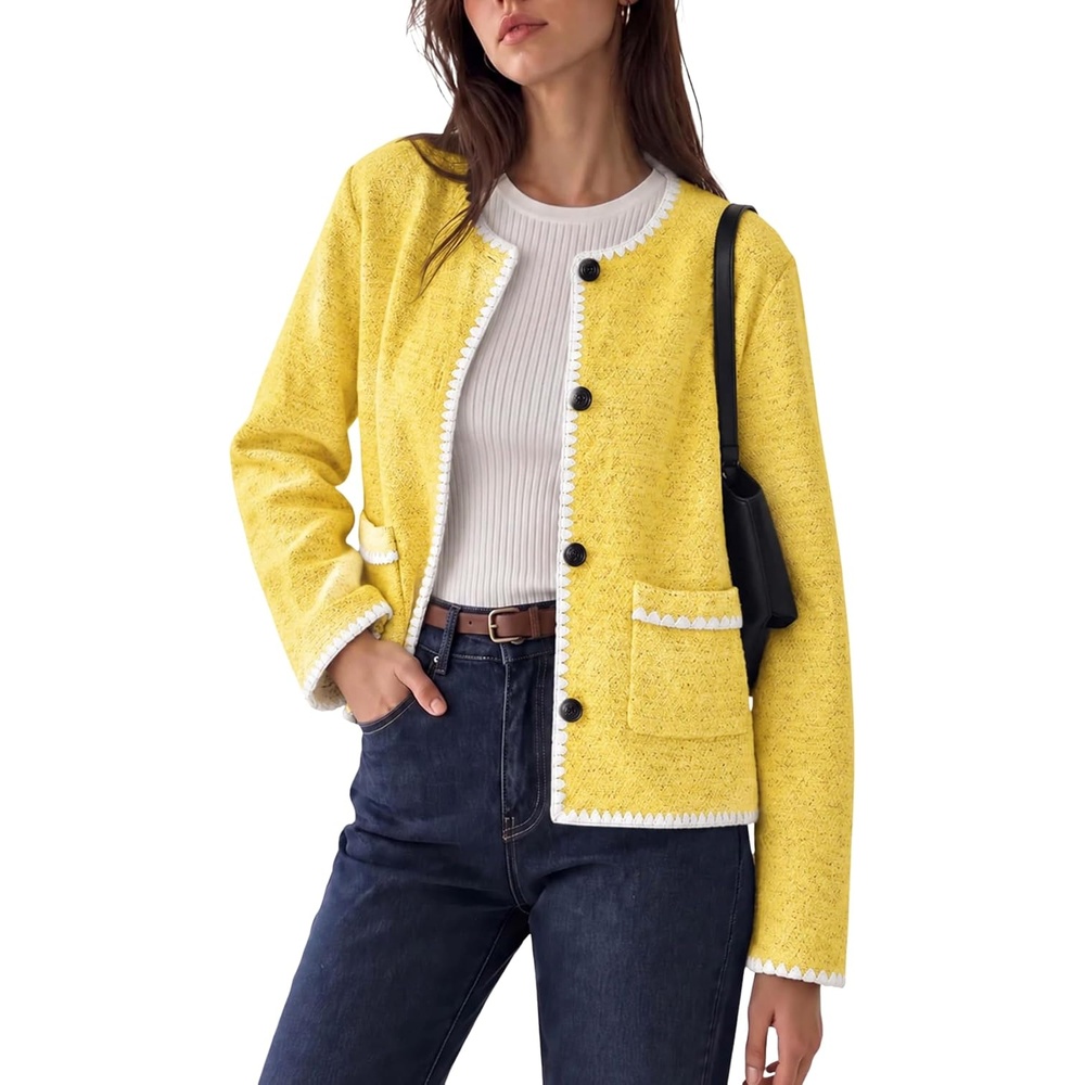 image:imageWomens Tweed Jacket Button Down Contrast Trim Cropped CardiganYellow