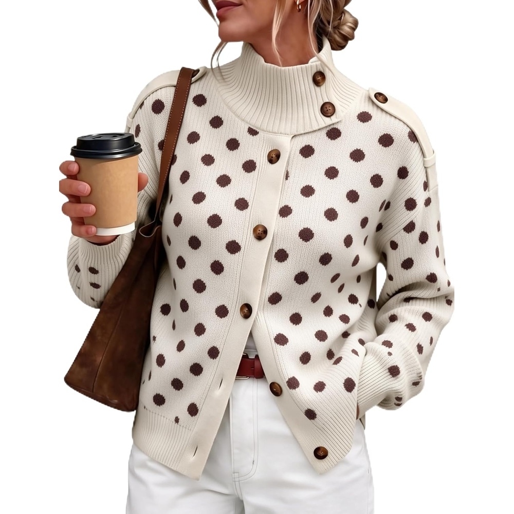 image:imageYeokou Women Polka Dot Mock Neck Knit Cardigan Button Front Sweater JacketBeige