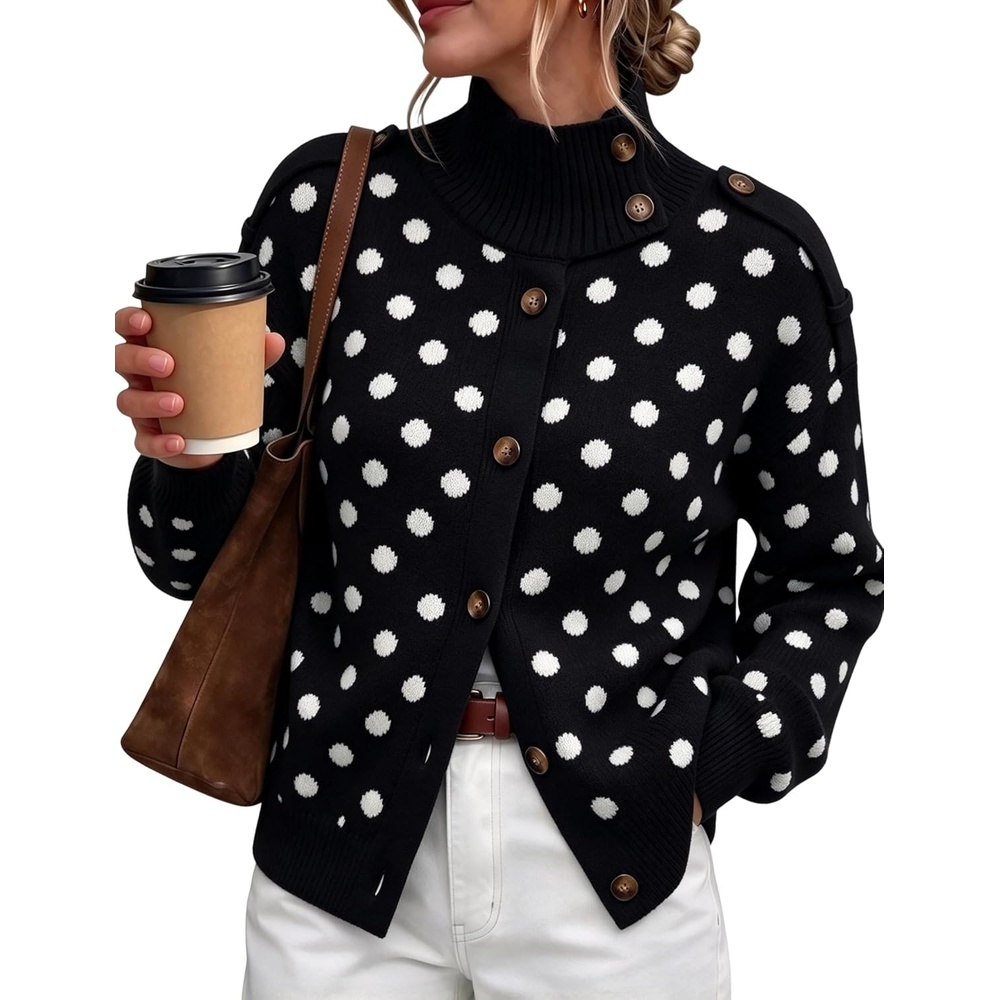 image:imageYeokou Women Polka Dot Mock Neck Knit Cardigan Button Front Sweater JacketBlack