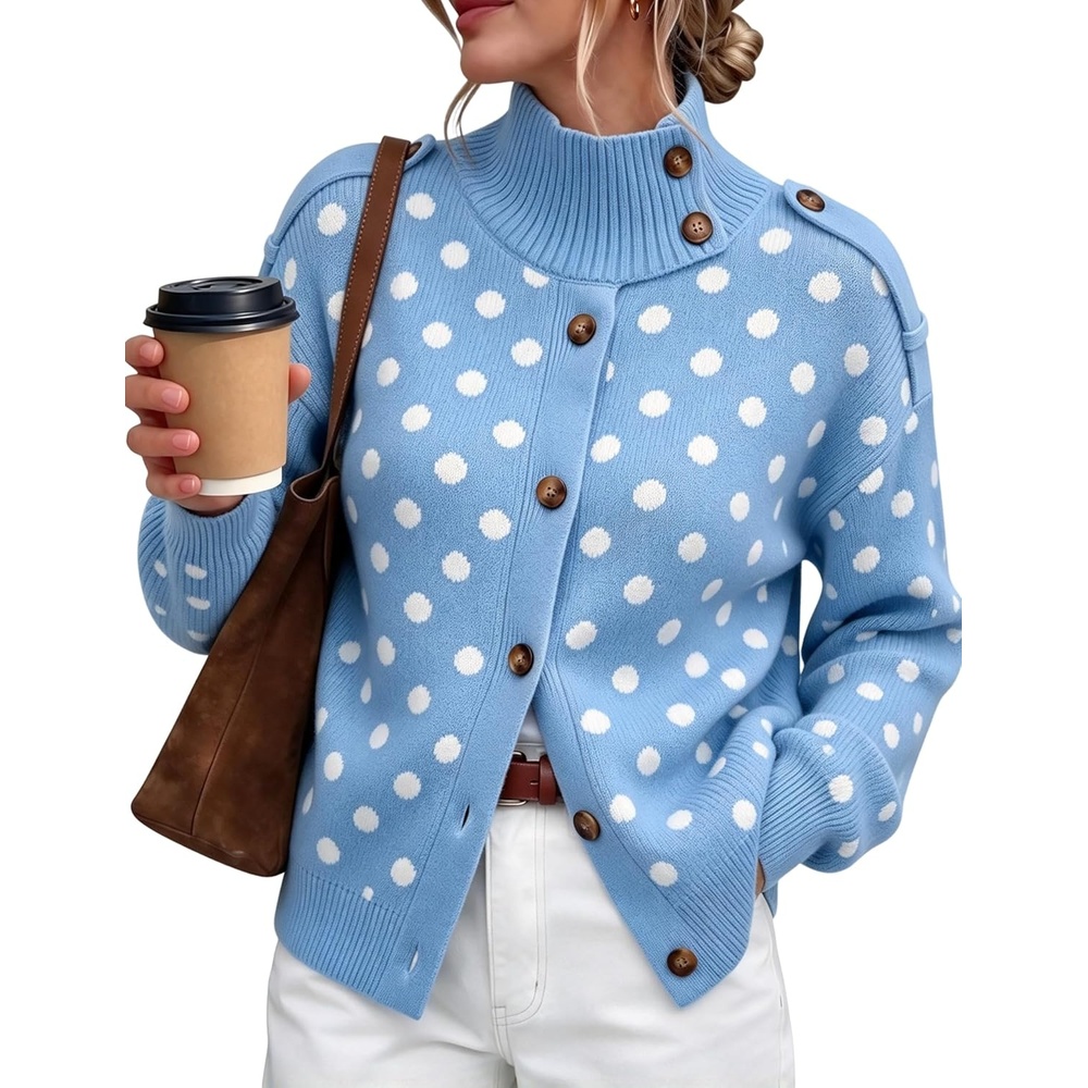 image:imageYeokou Women Polka Dot Mock Neck Knit Cardigan Button Front Sweater JacketBlue