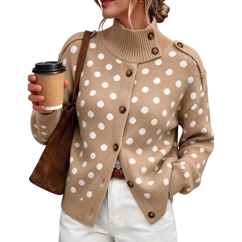image:imageYeokou Women Polka Dot Mock Neck Knit Cardigan Button Front Sweater JacketKhaki
