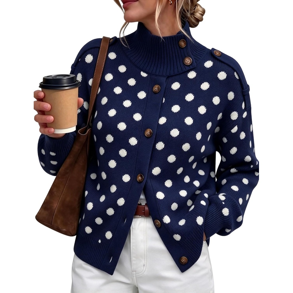 image:imageYeokou Women Polka Dot Mock Neck Knit Cardigan Button Front Sweater JacketNavy