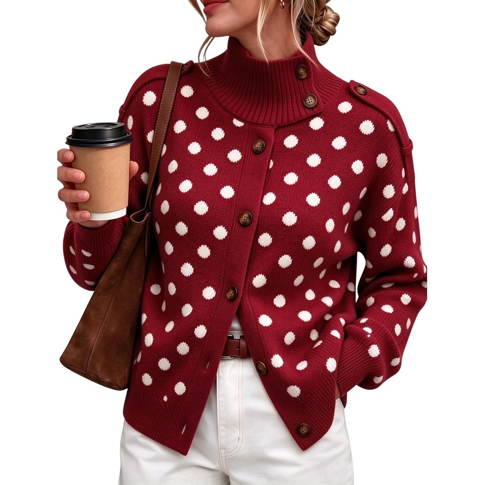image:imageYeokou Women Polka Dot Mock Neck Knit Cardigan Button Front Sweater JacketRed