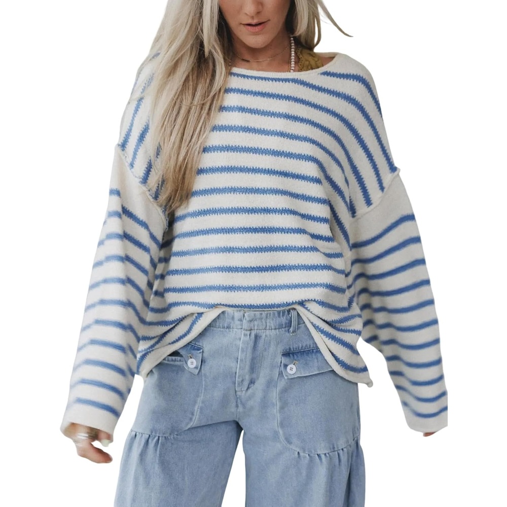 image:imageYeokou Women Striped Off Shoulder Sweater Oversized PulloverBlue