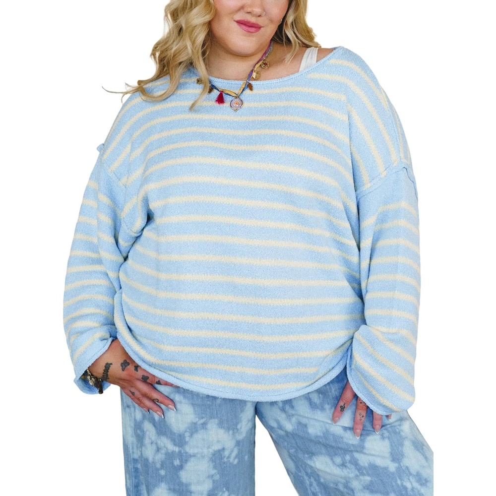 image:imageYeokou Women Striped Off Shoulder Sweater Oversized PulloverLightblue