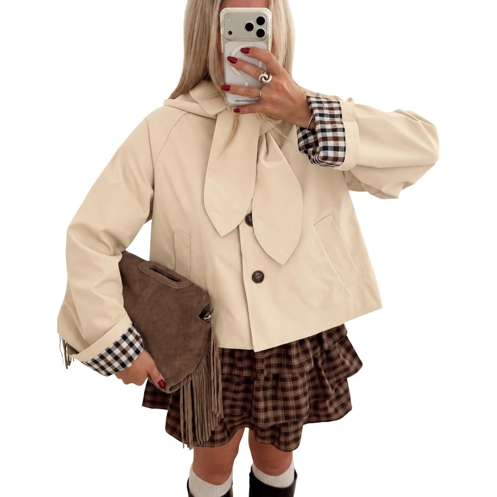 image:imageYeokou Women Trench Coat Detachable Hood Bow Tie JacketApricot