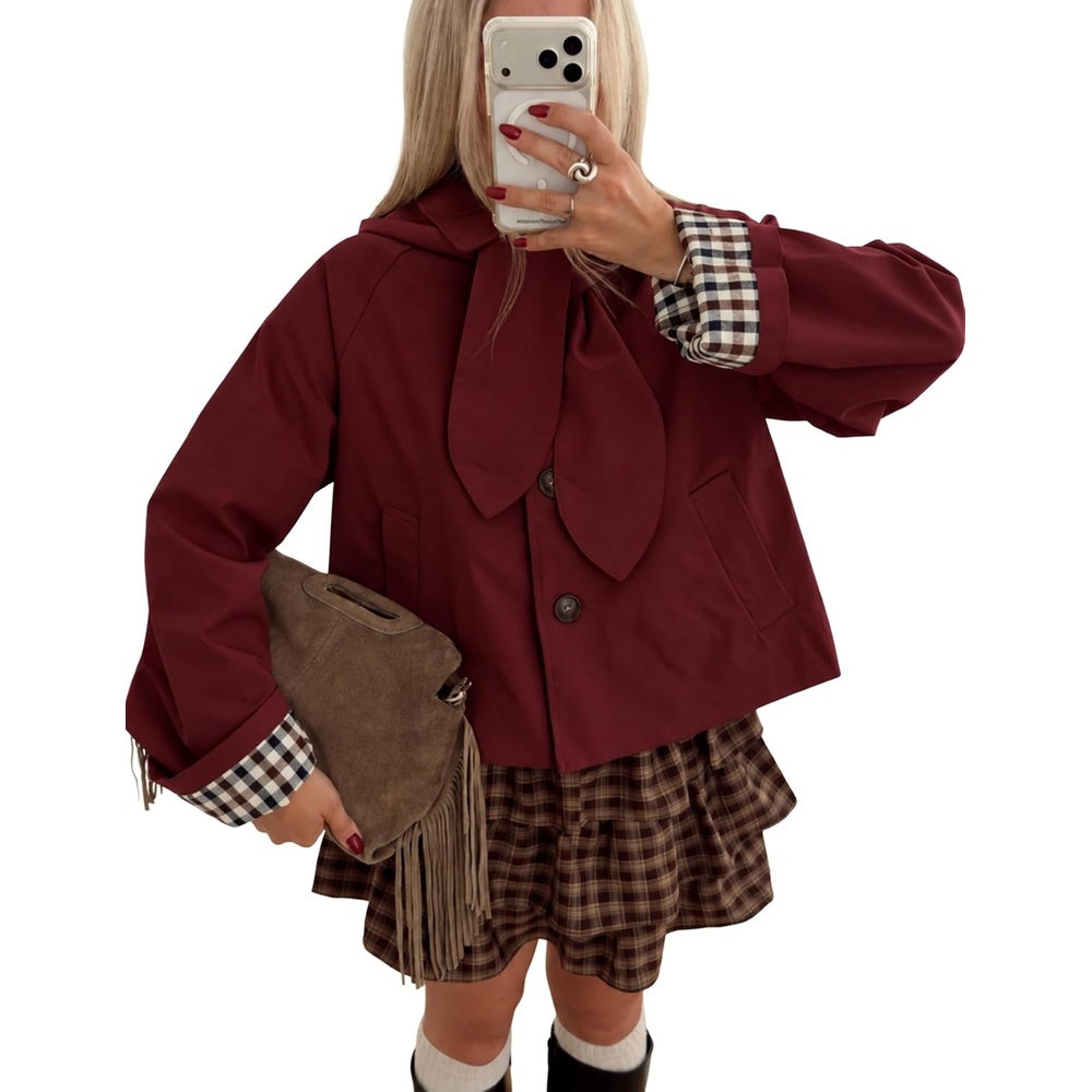 image:imageYeokou Women Trench Coat Detachable Hood Bow Tie JacketDarkred