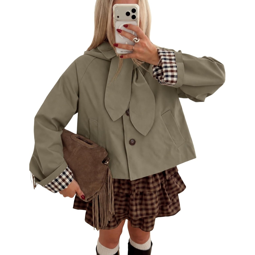 image:imageYeokou Women Trench Coat Detachable Hood Bow Tie JacketDustygreen