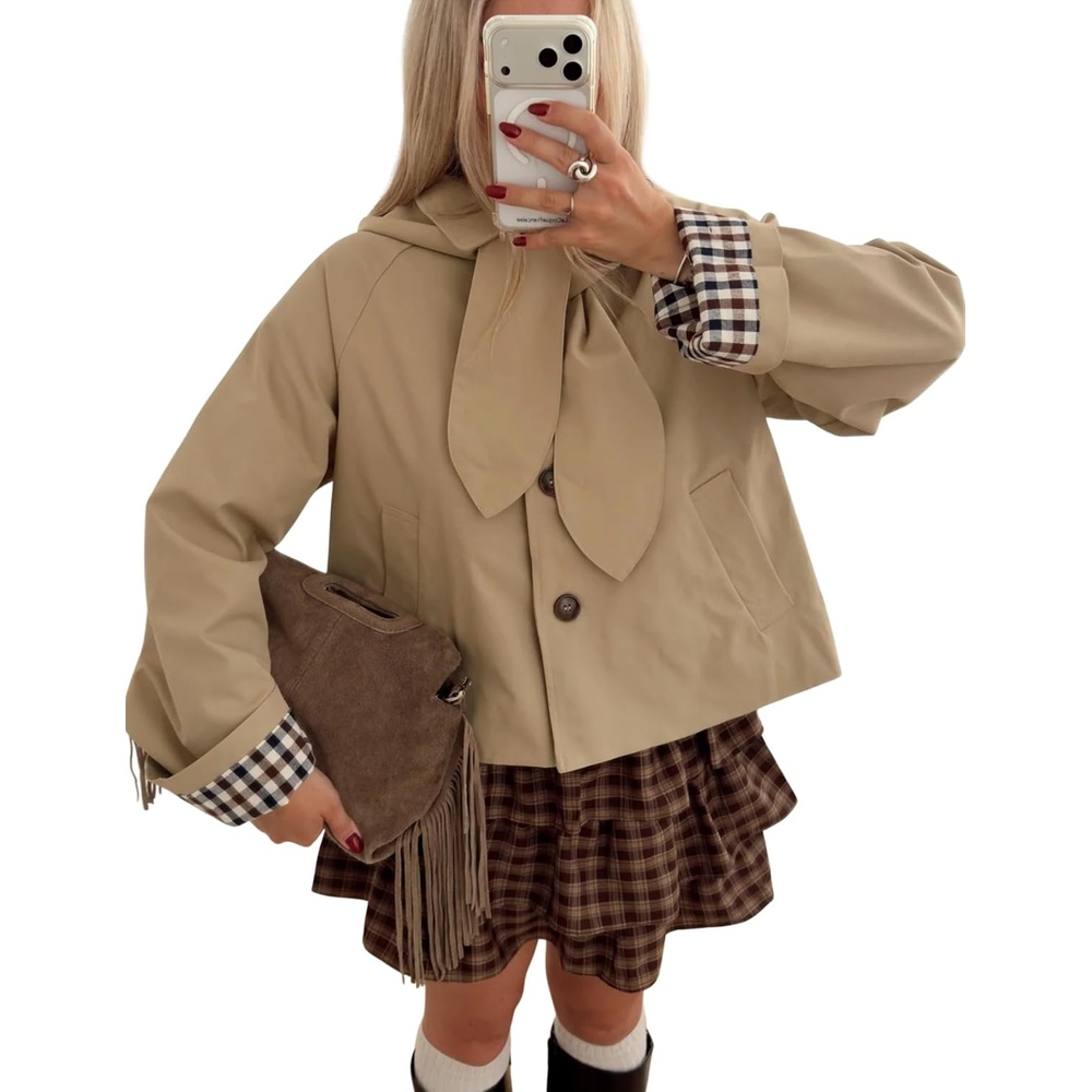 image:imageYeokou Women Trench Coat Detachable Hood Bow Tie JacketKhaki