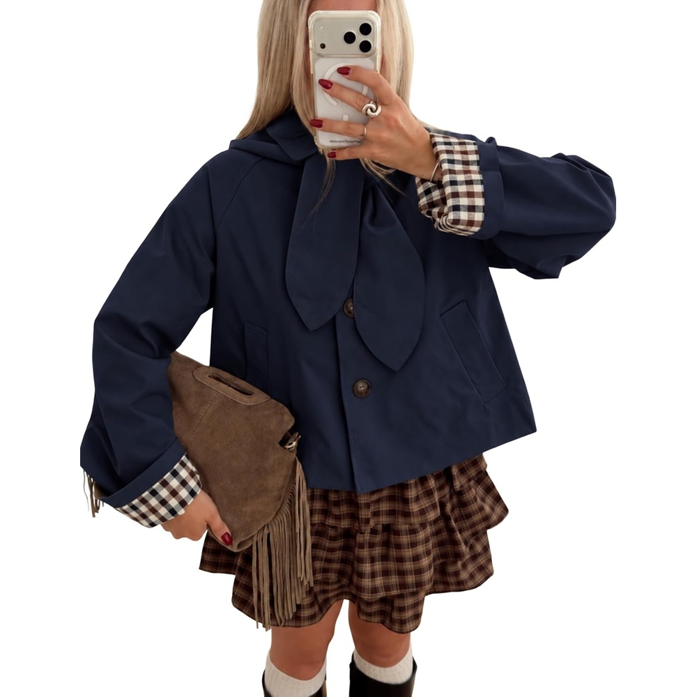image:imageYeokou Women Trench Coat Detachable Hood Bow Tie JacketNavy