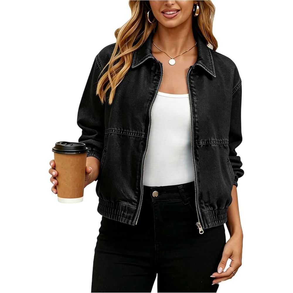 image:imageYeokou Womens Cropped Zip Up Denim Bomber Jacket Elastic Hem Cuffs Stretch Jean Coat for Casual Daily amp CommuteBlack