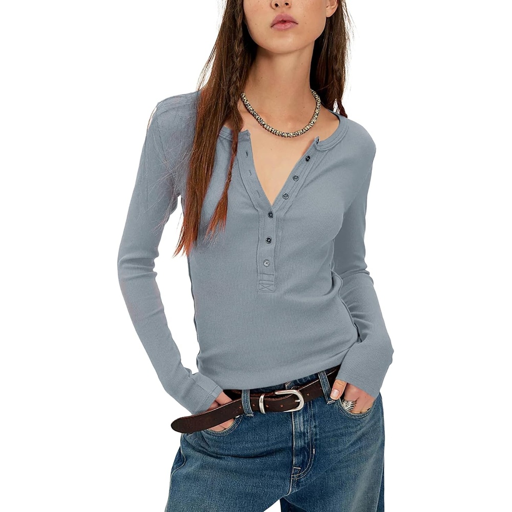 image:imageYeokou Womens Ribbed Henley Shirt Slim Fit Long Sleeve Casual TopBluegray