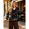 Women Bandana Paisley Knit Hooded Jacket Trendy Full Zip Sweater(Black)