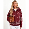 Women Bandana Paisley Knit Hooded Jacket Trendy Full Zip Sweater(Burgundy)