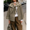 Women Cropped Trench Coat Fall Jacket Detachable Plaid Shawl Collar(Armygreen)