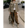 Women Cropped Trench Coat Fall Jacket Detachable Plaid Shawl Collar(Armygreen)