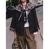 Women Cropped Trench Coat Fall Jacket Detachable Plaid Shawl Collar(Black)