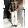 Women Cropped Trench Coat Fall Jacket Detachable Plaid Shawl Collar(Brown)