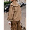 Women Cropped Trench Coat Fall Jacket Detachable Plaid Shawl Collar(Khaki)
