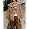 Women Cropped Trench Coat Fall Jacket Detachable Plaid Shawl Collar(Khaki)