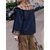 Women Cropped Trench Coat Fall Jacket Detachable Plaid Shawl Collar(Navy)
