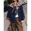 Women Cropped Trench Coat Fall Jacket Detachable Plaid Shawl Collar(Navy)