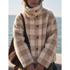 Women’s Buffalo Plaid Sherpa Fleece Jackets Funnel Neck Warm Coat(Khaki)