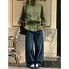 Women’s Casual Striped Jacket Stand Collar Button Down Cropped Coat(Armygreen)