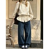 Women’s Casual Striped Jacket Stand Collar Button Down Cropped Coat(Beige)