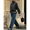 Women’s Casual Striped Jacket Stand Collar Button Down Cropped Coat(Black)