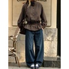 Women’s Casual Striped Jacket Stand Collar Button Down Cropped Coat(Coffee)
