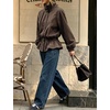 Women’s Casual Striped Jacket Stand Collar Button Down Cropped Coat(Coffee)
