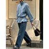 Women’s Casual Striped Jacket Stand Collar Button Down Cropped Coat(Dustyblue)