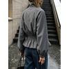 Women’s Casual Striped Jacket Stand Collar Button Down Cropped Coat(Gray)