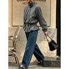 Women’s Casual Striped Jacket Stand Collar Button Down Cropped Coat(Gray)