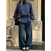 Women’s Casual Striped Jacket Stand Collar Button Down Cropped Coat(Navy)