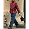 Women’s Casual Striped Jacket Stand Collar Button Down Cropped Coat(Red)