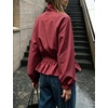 Women’s Casual Striped Jacket Stand Collar Button Down Cropped Coat(Red)