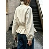 Women’s Casual Striped Jacket Stand Collar Button Down Cropped Coat(White)