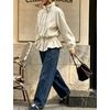 Women’s Casual Striped Jacket Stand Collar Button Down Cropped Coat(White)